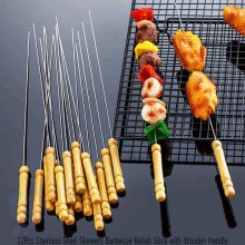 12Pcs Stainless Steel Skewers Barbeque Kebab Stick with Wooden Handle